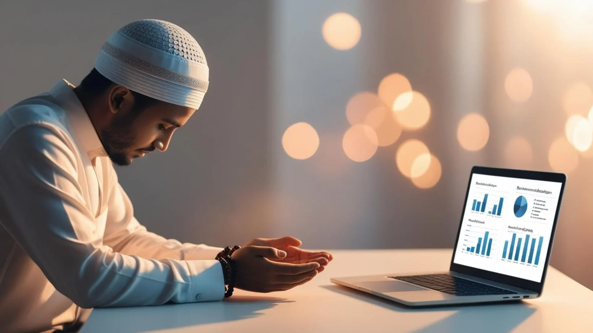 A Muslim entrepreneur sitting at a modern desk, head slightly bowed in quiet dua. Prayer beads (misbaha) in hand, laptop open with business